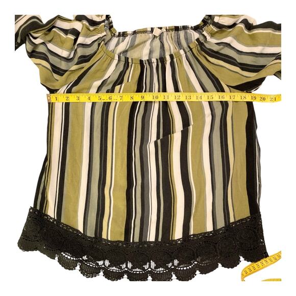Est. 1946 Green and Black Striped Lace Trimmed Blouse Size M EUC - Picture 4 of 7